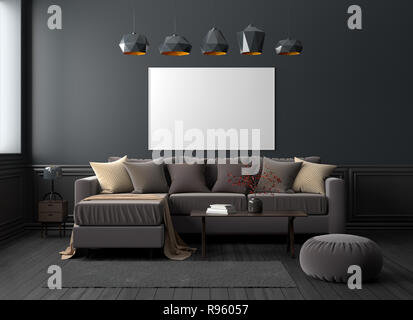 Mock up Poster Frame in dunklen modernen Wohnzimmer. 3D-Darstellung Stockfoto