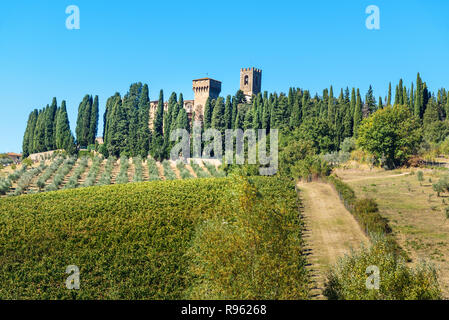 Badia di Passignano, Abtei von San Michele Arcangelo Passignano ist historischen Benediktinerabtei auf dem Hügel, mit Zypressen in der Toskana umgeben. Stockfoto