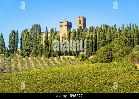 Badia di Passignano, Abtei von San Michele Arcangelo Passignano ist historischen Benediktinerabtei auf dem Hügel, mit Zypressen in der Toskana umgeben. Stockfoto