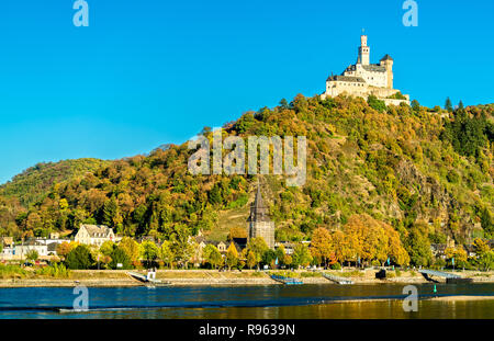 Marksburg über dem Rhein in Deutschland Stockfoto