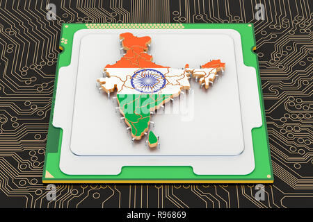 CPU Prozessor Einheit mit Flagge von Indien, 3D-Rendering Stockfoto