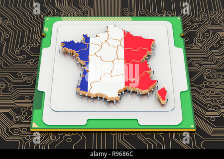 CPU Prozessor Einheit mit Flagge Frankreichs, 3D-Rendering Stockfoto