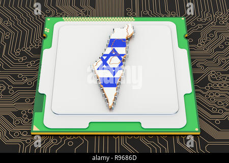 CPU Prozessor Einheit mit Flagge von Israel, 3D-Rendering Stockfoto