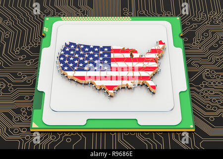 CPU Prozessor Einheit mit Flagge der Vereinigten Staaten, 3D-Rendering Stockfoto