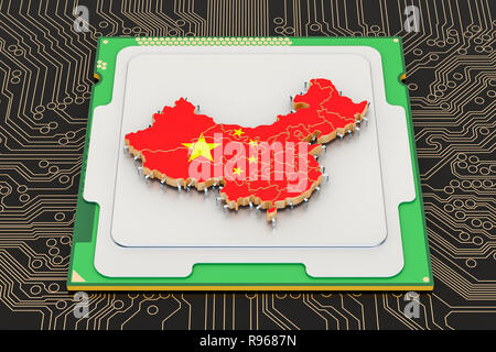 CPU Prozessor Einheit mit Flagge von China, 3D-Rendering Stockfoto