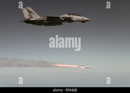 Ein Luft-zu-Luft, rechts Jagdgeschwader 111 (VF-111) F-14A Tomcat Flugzeuge bewaffnet mit einer AIM-54 Phoenix Rakete. US Navy Foto Stockfoto