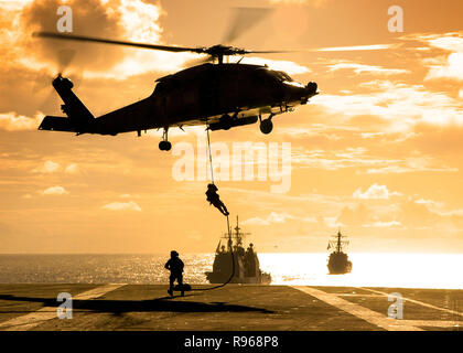 Distanz 9 schnelle Seile aus einem SH-60 Seahawk Helikopter, Hubschrauber U-Staffel Zwei (HS-2) mit Carrier Air Wing Zwei (CVW-2). Lincoln und Carrier Air Wing Zwei (CVW-2). Us Navy Foto von Mass Communication Specialist Seaman James R. Evans Stockfoto