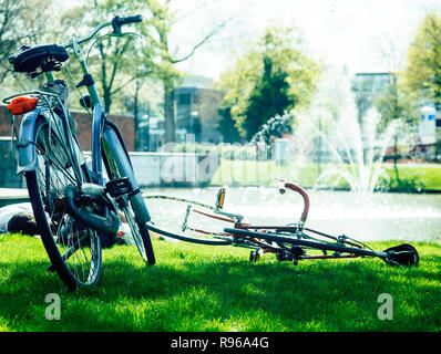 Lifestyle Menschen Konzept: paar Fahrrad auf grünem Gras in Su Stockfoto