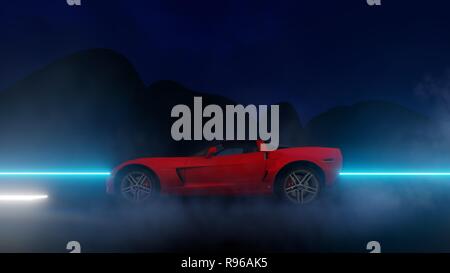 Rotes Auto läuft mit hoher Geschwindigkeit auf der Straße bei Nacht escene mit 3D-Software. Stockfoto