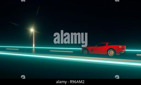 Rotes Auto läuft mit hoher Geschwindigkeit auf der Straße bei Nacht escene mit 3D-Software. Stockfoto