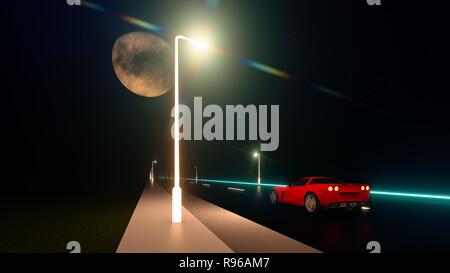 Rotes Auto läuft mit hoher Geschwindigkeit auf der Straße bei Nacht escene mit 3D-Software. Stockfoto