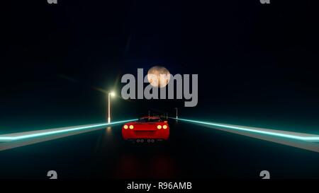 Rotes Auto läuft mit hoher Geschwindigkeit auf der Straße bei Nacht escene mit 3D-Software. Stockfoto