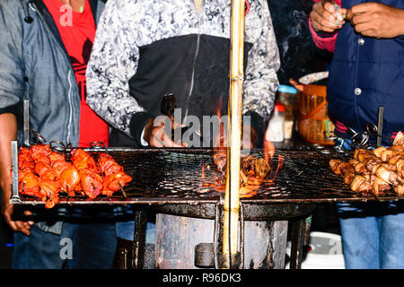 Shish Kebab Zubereitung am Grill über Kohle. Roastbeef auf BBQ-Grill. Marinierte (Schaschlik ursprünglich aus Lamm) beliebt in Asien Europa Stockfoto