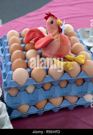 Tablett mit Eiern aus Freilandhaltung mit Spielzeug-Huhn zum Verkauf auf dem Bauernmarkt Stockfoto