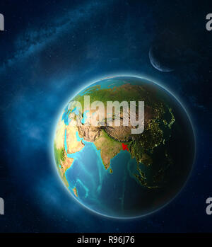 Bangladesch aus dem Weltraum auf dem Planeten Erde im Weltraum mit Mond und Milchstraße. Extrem feine Details der Planeten. 3D-Darstellung. Elemente dieser Ima Stockfoto