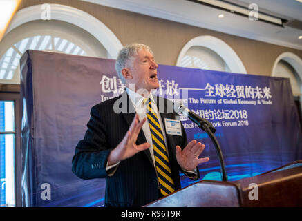 Peking, USA. 16 Okt, 2018. Robert Hormats, Vice Chairman der Beratungsunternehmen Kissinger Associates und auch eine enge Watcher von China, liefert eine Rede während eines Forums auf die globale Wirtschaft und Handel in New York gehalten, die Vereinigten Staaten, Oktober 16, 2018. Credit: Wang Ying/Xinhua/Alamy leben Nachrichten Stockfoto