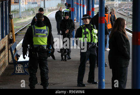 Kings Lynn, Norfolk, Großbritannien. 20. Dezember, 2018. Polizisten und einen Hund suchen die Station vor Königin Elizabeth II. in Kings Lynn nach dem Fang eines öffentlichen Zug von London kommt, zu Beginn Ihrer jährlichen Weihnachten Urlaub in Sandringham, Norfolk. Es ist nicht ungewöhnlich, dass der Monarch, die öffentlichen Verkehrsmittel zu benutzen, wenn Sie zu Kings Lynn reist. Königin Elizabeth II kommt in Kings Lynn mit dem Zug in Kings Lynn, Norfolk, Großbritannien, am 20. Dezember 2018. Credit: Paul Marriott/Alamy leben Nachrichten Stockfoto