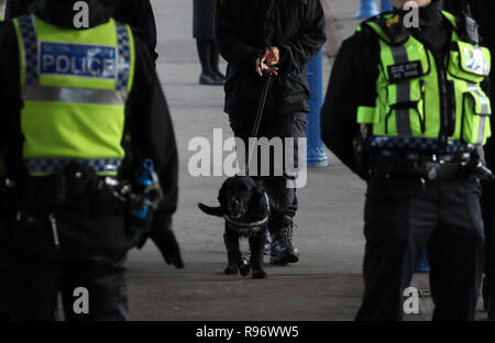 Kings Lynn, Norfolk, Großbritannien. 20. Dezember, 2018. Polizisten und einen Hund suchen die Station vor Königin Elizabeth II. in Kings Lynn nach dem Fang eines öffentlichen Zug von London kommt, zu Beginn Ihrer jährlichen Weihnachten Urlaub in Sandringham, Norfolk. Es ist nicht ungewöhnlich, dass der Monarch, die öffentlichen Verkehrsmittel zu benutzen, wenn Sie zu Kings Lynn reist. Königin Elizabeth II kommt in Kings Lynn mit dem Zug in Kings Lynn, Norfolk, Großbritannien, am 20. Dezember 2018. Credit: Paul Marriott/Alamy leben Nachrichten Stockfoto