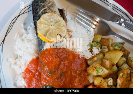 Ofen gebackene Makrelen auf einem Bett aus Reis mit sautierten Kartoffeln und eine Basilikum und Tomatensauce. Stockfoto