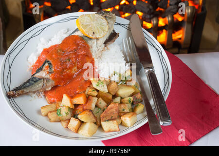 Ofen gebackene Makrelen auf einem Bett aus Reis mit sautierten Kartoffeln und eine Basilikum und Tomatensauce. Stockfoto