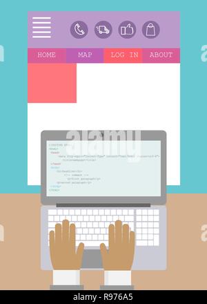 Abbildung: Erstellung einer Webseite von einem Programmierer. Arbeiten auf einem Laptop. Vektor. Stock Vektor