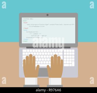 Der Programmierer erstellt eine Webseite. Arbeiten auf einem Laptop. Vektor. Stock Vektor