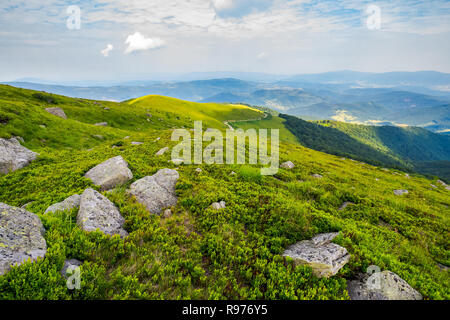 Grasigen Hang mit riesigen Felsen. schönen Sommer Landschaft in den Bergen. gewundenen Pfad durch die fernen Hügel. bewölkt Vormittag Stockfoto