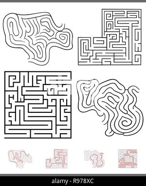 Abbildung: Schwarze und Weiße Irrgärten und Labyrinthe Freizeit Spiele Set mit Lösungen Stock Vektor