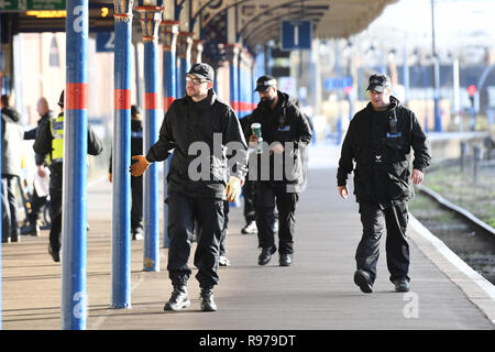 Polizeistreifen am King's Lynn Bahnhof in Norfolk, vor der Ankunft der Königin Elizabeth II. auf dem Weg zu ihrem traditionellen Christmas Break, die auf das Royal Estate in Sandringham ausgegeben werden. Stockfoto