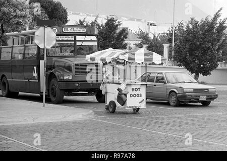 MONTERREY, NL/MEXIKO - Nov 2, 2003: ein Hot dog Pedlar fahrt Ihr Warenkorb auf der Straße Stockfoto