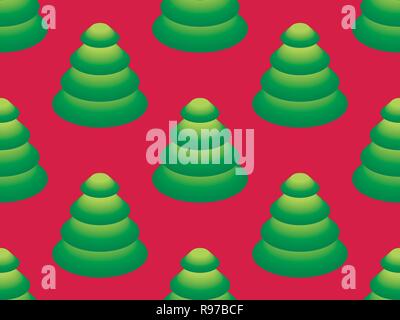 Nahtlose Muster mit isometrischen Weihnachtsbäume. Tannenbaum mit grünen Farbverlauf auf rotem Hintergrund. Vector Illustration Stock Vektor