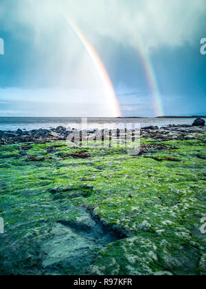 Regenbogen über der berühmten Fußabdrücke von Dinosauriern zu einem corran Strand von staffin auf die Isle of Skye - Schottland Stockfoto