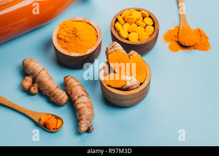 Verwirrung der Gelbwurz Werk in verschiedenen Bedingungen: frischen, trockenen Wurzel, Pillen, Pulver und schneiden Pflanze auf Pastell-blaue Hintergrund. Flach Stil. Stockfoto