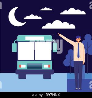 Nigth Mann mit Bus tägliche Aktivität Vector Illustration Stock Vektor