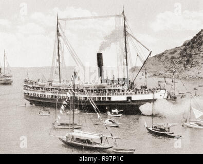 Die SS Cabrillo, einem hölzernen Dampfer zum Transport Touristen zwischen den Los Angeles Harbor und Avalon und zwei Häfen auf Santa Catalina Island, Kalifornien, Vereinigte Staaten von Amerika, hier beim Landeanflug auf Avalon C. 1915. Von wunderbaren Kalifornien, veröffentlicht 1915. Stockfoto