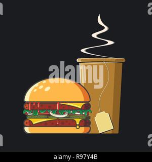 Fast food Symbol. Flat Style. Bunte vektor Abbildung auf einem dunklen Hintergrund. Kaffee im Pappbecher und Fleisch Burger mit Käse, Ketchup und Gurken. Vector Illustration Stock Vektor