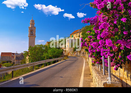 Dorf Lozisca auf der Insel Brac historische Straße und colofrul Blumen, Dalmatien, Kroatien Stockfoto