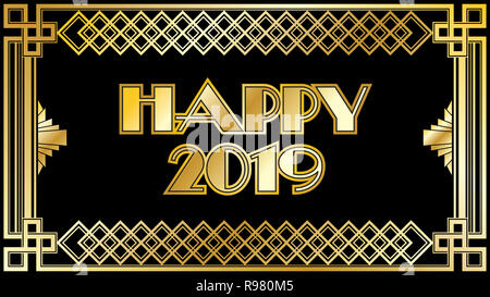 2019 Silvester Countdown Uhr mit Schwarz und Gold Hintergrund Muster Stockfoto