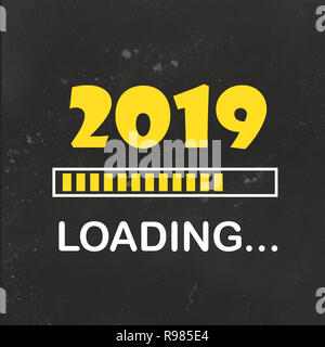 Frohes neues Jahr 2019 mit Laden Symbol neon Stil. Fortschrittsbalken fast Silvester. Abbildung mit 2019 Laden. Isolierte oder Dunkelgrau b Stockfoto