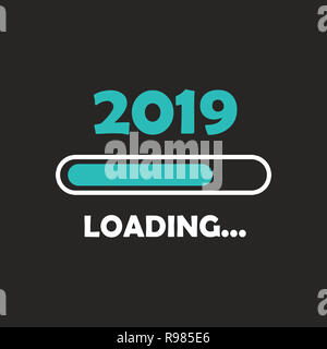 Frohes neues Jahr 2019 mit Laden Symbol neon Stil. Fortschrittsbalken fast Silvester. Abbildung mit 2019 Laden. Isolierte oder Dunkelgrau b Stockfoto