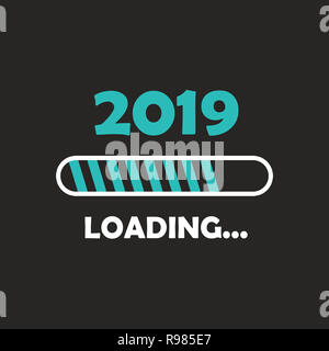 Frohes neues Jahr 2019 mit Laden Symbol neon Stil. Fortschrittsbalken fast Silvester. Abbildung mit 2019 Laden. Isolierte oder Dunkelgrau b Stockfoto