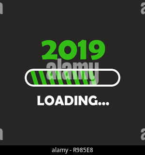 Frohes neues Jahr 2019 mit Laden Symbol neon Stil. Fortschrittsbalken fast Silvester. Abbildung mit 2019 Laden. Isolierte oder Dunkelgrau b Stockfoto