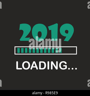 Frohes neues Jahr 2019 mit Laden Symbol neon Stil. Fortschrittsbalken fast Silvester. Abbildung mit 2019 Laden. Isolierte oder Dunkelgrau b Stockfoto
