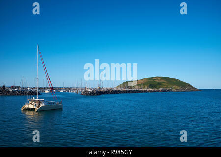 Eine einzige Yacht in der Nähe des Eingangs von Coffs Harbour International Marina mit Muttonbird Island Nature Reserve im Hintergrund, NSW, Australien günstig Stockfoto