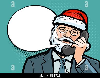 Santa Claus, am Telefon zu sprechen. Weihnachten Konzept. Pop Art retro Comic Stil. Cartoon Vector Illustration Stock Vektor