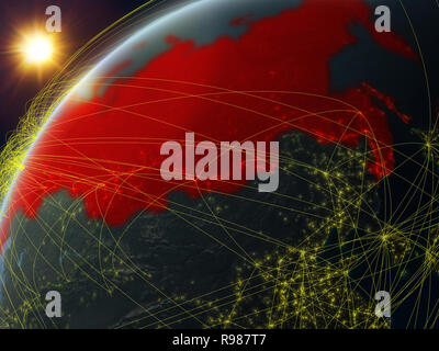 Russland am Modell des Planeten Erde mit Netzwerk- und internationalen Netzwerken. Konzept der digitalen Kommunikation und Technologie. 3D-Darstellung. Elemente der Stockfoto