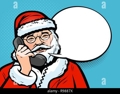 Santa Claus, am Telefon zu sprechen. Weihnachten Konzept. Pop Art retro Comic Stil. Vector Illustration Stock Vektor