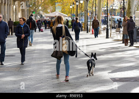 BARCELONA - 18. Dezember 2018: die blonde junge Frau mit ihrem Passeig de Gràcia im Eixample-Viertel von Barcelona, Katalonien, Spanien, am 18. Dezember Stockfoto