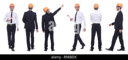 Panorama Foto Collage von qualifizierten Architekten isoliert auf weißem Stockfoto