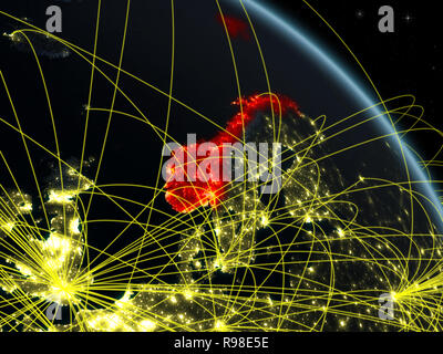Norwegen von Speicherplatz auf dem Modell des Planeten Erde bei Nacht mit Netzwerk. Konzept der digitalen Technologie, Konnektivität und Reisen. 3D-Darstellung. Elemente der Stockfoto